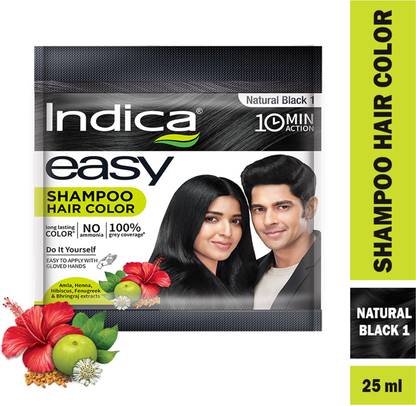 Indica Easy Do-It-Yourself Shampoo Hair Color (12.5g + 12.5ml) - Black , Natural Black