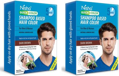 Nisha Shampoo Hair Colours Dark Brown For Men & Women 60 ml each pack (Pack OF 2 Box) , Dark Brown