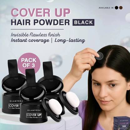 GLAMVEDA Hair Cover-Up Powder | Instant Coverage | Waterproof & Smudge-Proof| Pack of 3 , Black