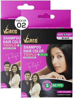 Vcare Shampoo Hair Color Black (25ml) Colours Hair in Minutes Ammonia Free (Pack of 2) , Black