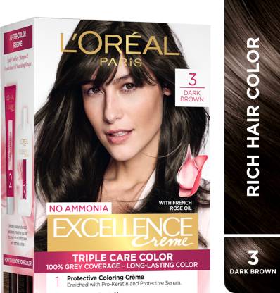 Loreal Paris Permanent Hair Colour - Pro-Keratin, Up to 8 Weeks of Colour, Excellence Creme, 3 Dark Brown