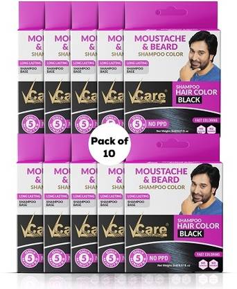 Vcare Moustache and Beard color shampoo for Men Black, Natural Hair Color (Pack Of 10) , Black