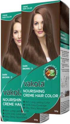 Vakola nourishing long lasting grey coverage cream hair color 50g+50ml (Pack of 2) , Dark Brown