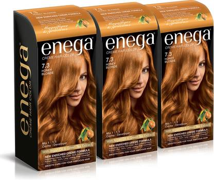 enega Creme Hair Color 120 ML Argan Oil & Green Tea extract Dye (Pack-3) , HONEY BLONDE 7.3