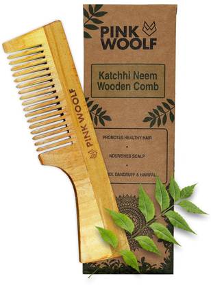 Pink Wolf Organic Neem Wood Comb (WITH HANDLE) | Women & Men | Natural & Eco Friendly | Wide Tooth Comb, Anti-Bacterial Styling Comb for All Hair Types | Made in India