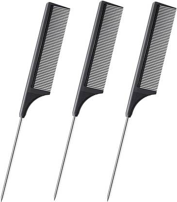 quktion 3 Packs Rat Tail Comb Steel Pin Carbon Fiber Heat Resistant Teasing Combs (Black