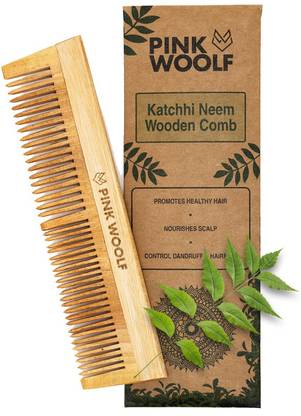 Pink Wolf Pink Woolf Handmade Neem Wood Comb | Women & Men | Natural & Eco-Friendly | Anti-Bacterial Hair Styling Comb with Fine & Wide Teeth Comb | With Handle | Made in India