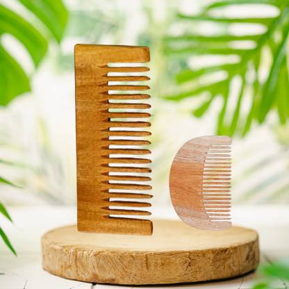 Just Beleaf in Neem Wood Comb | Handmade Antidandruff Comb Set of 2 (Wide Tooth + Moon Comb)