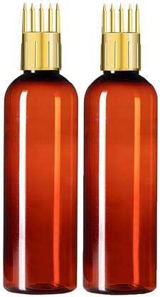 PHARCOS 200ML Amber Bottle + Hair Root Applicator (Gold) + Flip Top Cap + Plug for applying Hair Oil,Shampoos, DIY care and Medicine Directly on Scalp and Hair Roots ( Leak Proof ) Pack of 2