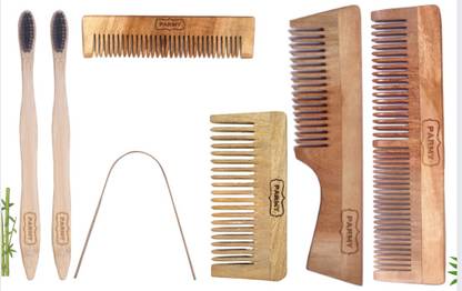 Parmy Neem Wood 4 Hair comb set with 2 Toothbrush and 1 Tongue cleaner 07