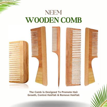DAUMI Kacchi Neem Organic Wood Combs 100% Handmade, Anti-Dandruff (Pack of 5)