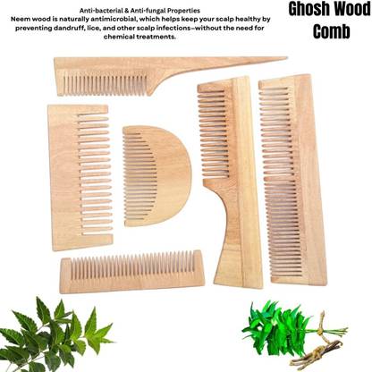 debojit Hand Made Large To Small Original Neem Wood Hair Combs Collection (Pack of 6) |