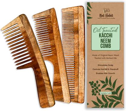 Nat Habit Kacchi Neem Comb, Wooden Comb Hair Growth, Hairfall (Dual + Wide + Fine Combo)