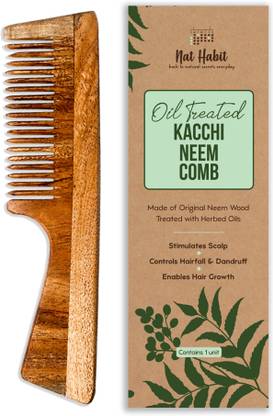 Nat Habit Kacchi Neem Comb, Wooden Comb | Hair Growth, Hairfall, Dandruff Control | Hair Straightening, Frizz Control | Comb for Men, Women | Treated with Neem Oil, Bhringraj & 17 Herbs (Fine Tooth)