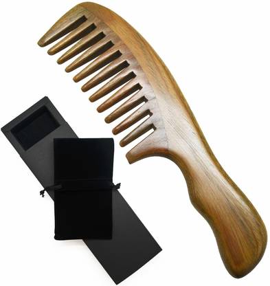 Meta-C Wave Handle Natural Green Sandal Wood Comb (Wide tooth)
