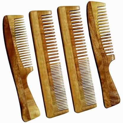 Ginni Marketing Combo of 4 Neem Wooden Combs (Regular Detangler+Handle) ()
