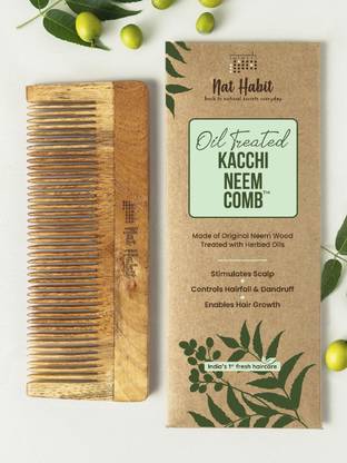 Nat Habit Kacchi Neem Fine Tooth Wooden Comb For Daily Styling Soaked In 17 Herbs & Oils