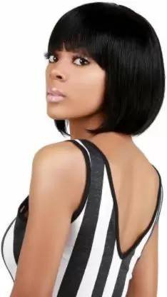 Hymaa Full Head Black Straight With Bangs 12" Bob  Wig For Women Hair Extension