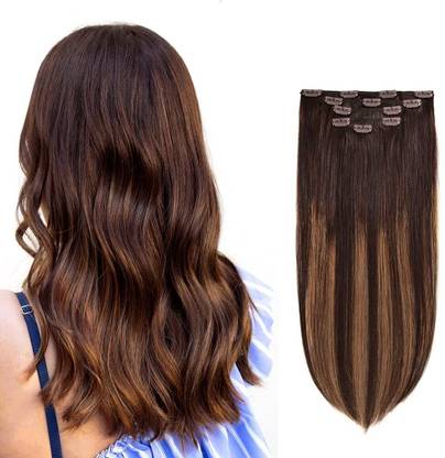 BELLA HARARO 5 Pieces 22" Clip in  Extensions Human  Dark Brown Highlight Brown Hair Extension