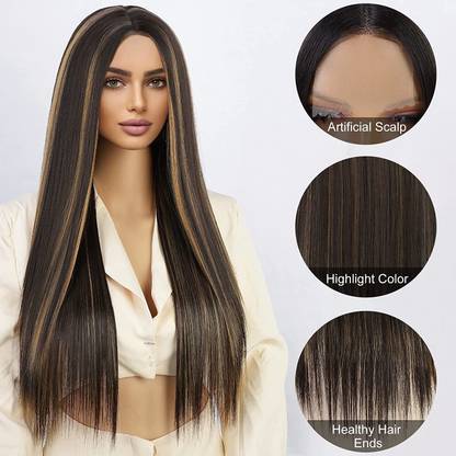 ASG 26 Inch Synthetic Middle Part Blonde Highlights  Wigs Natural Looking Hair Extension