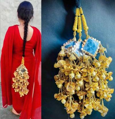 Sunduseva Punjabi Choti Parandi with Golden Tassels and Mirror Work Bridal  Accessory Hair Extension
