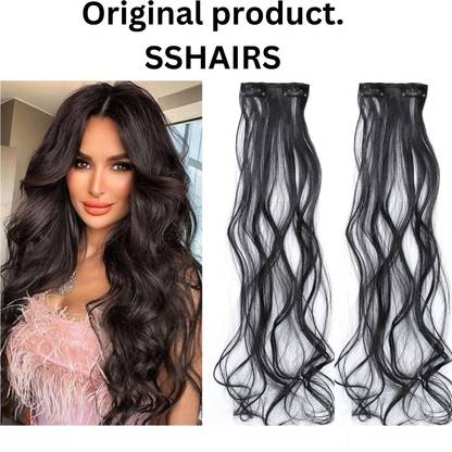 SS clipextension 2 clip look human hair extension (Set of 2 pcs)( black)(24 inch) Hair Extension