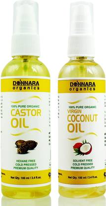 DONNARA organics 100% Pure Castor oil and Coconut oil Combo of 2 Bottles of 100 ml(200 ml) Hair Oil
