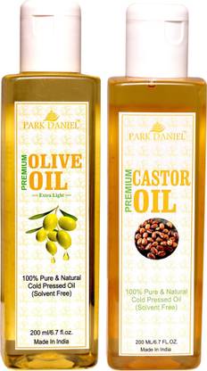 PARK DANIEL Extra Light Olive Oil and Cold pressed Castor oil-100 % Pure and Natural Combo of 2 bottles of 200 ml(400 ml) Hair Oil