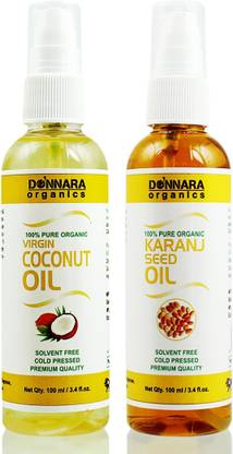 Donnara Organics 100% Pure Coconut oil and Karanj oil Combo of 2 Bottles of 100 ml(200 ml) Hair Oil
