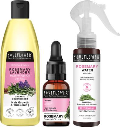 Soulflower Rosemary Essential Oil 15ml, Rosemary Hair Oil 225ml, Rosemary Water Spray 100ml Hair Oil