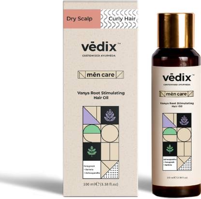 Vedix Ayurvedic Mens Hair Oil for Hair Growth - Vanya Root Stimulating Hair Oil With Fenugreek + Barleria + Ashwagandha - Customized for Dry Scalp & Curly Hair - 100ml Hair Oil