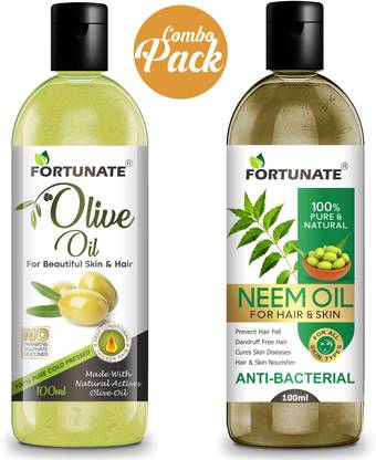 FORTUNATE 100% Natural Cold Pressed Olive Oil and Neem Oil - Combo Hair Oil