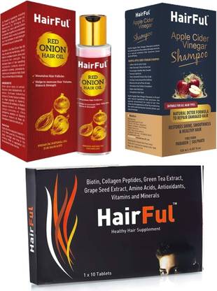 HairFul Hair Regrowth 1 Red Onion, 1 Shampoo, 10 Tablet (Combo Pack of 3) Hair Oil