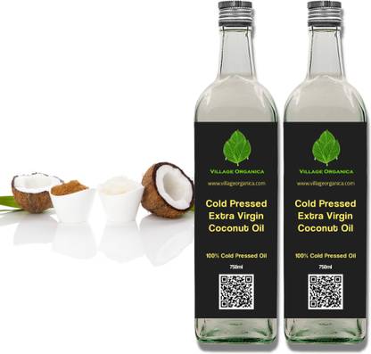 Village Organica Cold Pressed Extra Virgin Coconut Oil | Hair, Skin | Cooking | Pure Coconut Oil Coconut Oil Glass Bottle