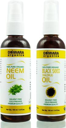 डोनारा ऑर्गेनिक्स 100% शुद्ध नीम का तेल और काला बीज (कलौंजी) 100 ml (200 ml) की 2 बोतलों का ऑइल कॉम्बो केश तेल