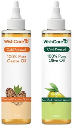 WishCare 100% Pure Cold Pressed Castor Oil and Olive Oil - 200 ml Each (400 ml) Hair Oil