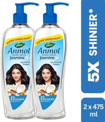 Dabur Anmol Jasmine Non-Sticky Coconut Oil with Almond Protein & Vitamin E |5X Shinier Hair Oil