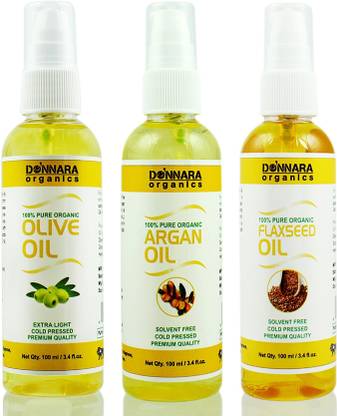Donnara Organics Premium Olive oil, oil & Flaxseed oil Combo pack of 3 bottles of 100ml(300 ml) Hair Oil
