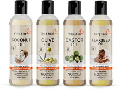 flora shine 100% Pure Coconut & Olive & Castor & Flaxseed Oil 100 ml, Pack of 4 (400 ml ) Hair Oil