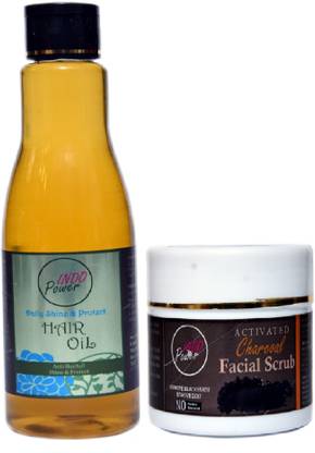 INDO POWER Aa136-DAILY SHINE & PROTECT HAIR OIL 200ml+ACTIVATED CHARCOAL FACIAL SCRUB 100g Hair Oil