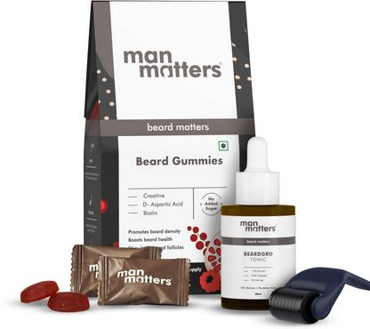 Man Matters Beard Growth Kit | Tonic, Gummies & Derma Roller | For Thick & Dense Beard Hair Oil