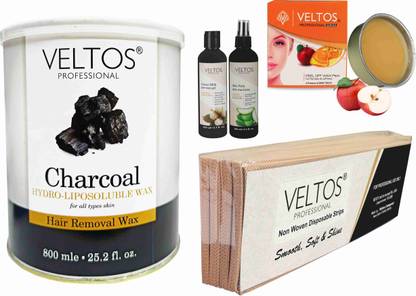 Veltos PROFESSIONAL BODY AND FACE WAXING KIT COMBO ( CHARCOAL HYDRO LIPOSOLUBLE BODY WAX 800ML & APPLE REGULAR FACIAL PEEL OFF KATORI WAX 80GM & COTTON MILK PRE WAX GEL 100ML & ALOE VERA AFTER WAX LOTION WAX 100ML & WAX STRIPS) Wax