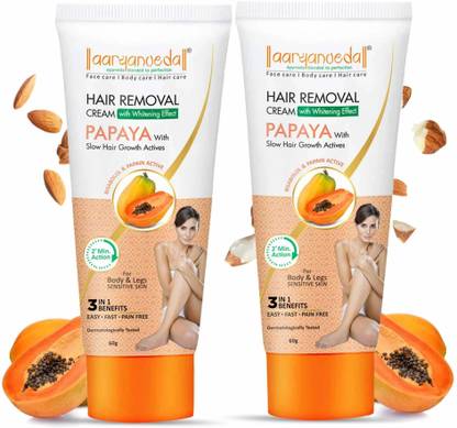 Aaryanveda Hair Removal Cream with Whitening Effect Papaya Only 2 min. Formula 60g (Pack-2) Cream