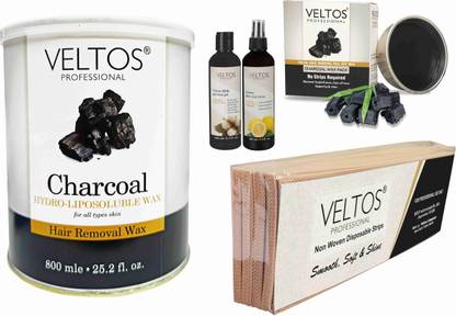 Veltos PROFESSIONAL FACE AND BODY CHARCOAL HYDRO LIPOSOLUBLE WAX 800ML AND CHARCOAL FACIAL PEEL OFF KATORI WAX 80GM AND COTTON MILK PRE-WAX GEL 100ML AND LEMON AFTER WAX LOTION 100ML AND STRIPS PACK WAXING KIT COMBO Wax