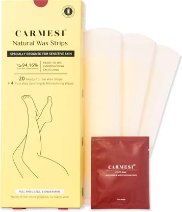 Carmesi Natural Wax Strips - Specially Designed for Sensitive Skin - 20 Wax Strips + 4 Post-Wax Wipes Strips