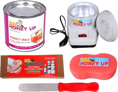 HONEY UP HONEYUP WAX (600G) WITH COMBO STRIPS , KNIFE SPUNJ WHITE WAX HEATER SET OF 5 Wax