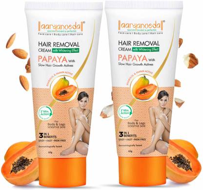 Aaryanveda Hair Removal Cream with Whitening Effect Papaya Only 2 min. Formula 60g (Pack-2) Cream
