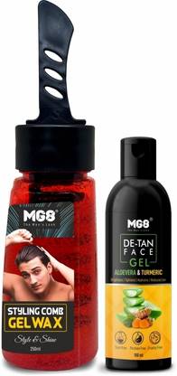 MG8 Hair Styling comb gel wax 250ml & DE-TAN Face Gel 100ml Combo Pack For Men Hair Wax