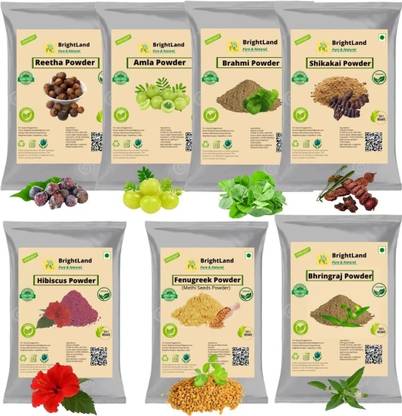 Brightland 100% Bio Organic Amla Reetha Shikakai Hibiscus Bhringraj Brahmi Fenugreek (Methi Seeds) Powder For Hair care [60gm Each]