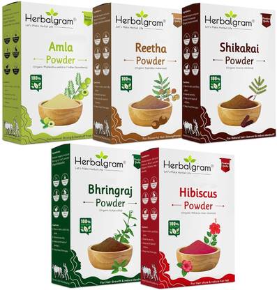 Herbalgram Pure & Natural Amla Reetha Shikakai Bhringraj Hibiscus Powder (5x100g)